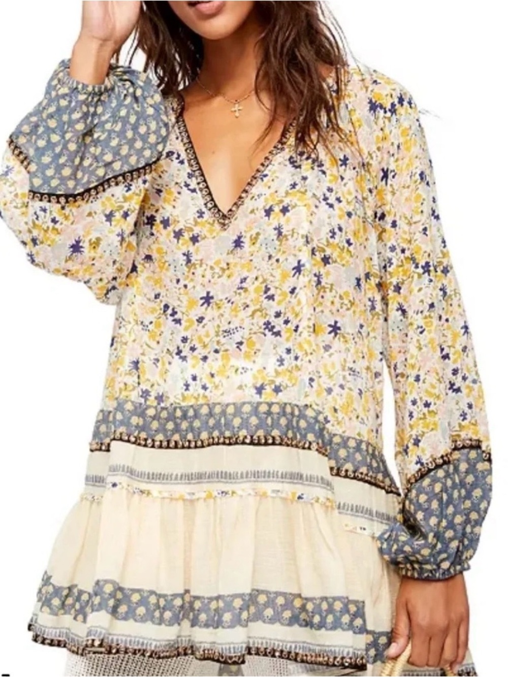 Free People Gardenia Tunic Yellow Blue Floral Boho Tunic - Size XS